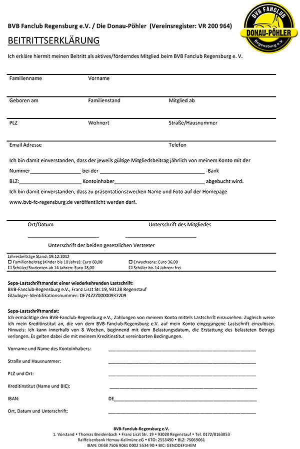 BvB Fanclub Regensburg Beitrittserklärung